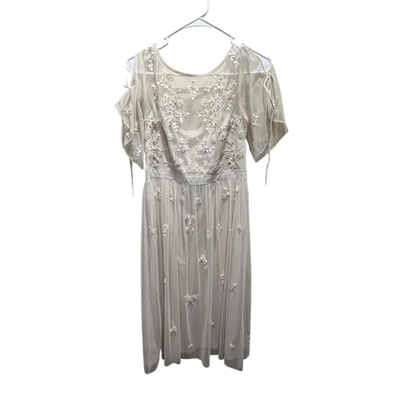 Adrianna Papell | Dresses | Adrianna Papell Women 8 Ivory Mesh Embellished  Midi Dress Holiday Wedding Formal | Poshmark
